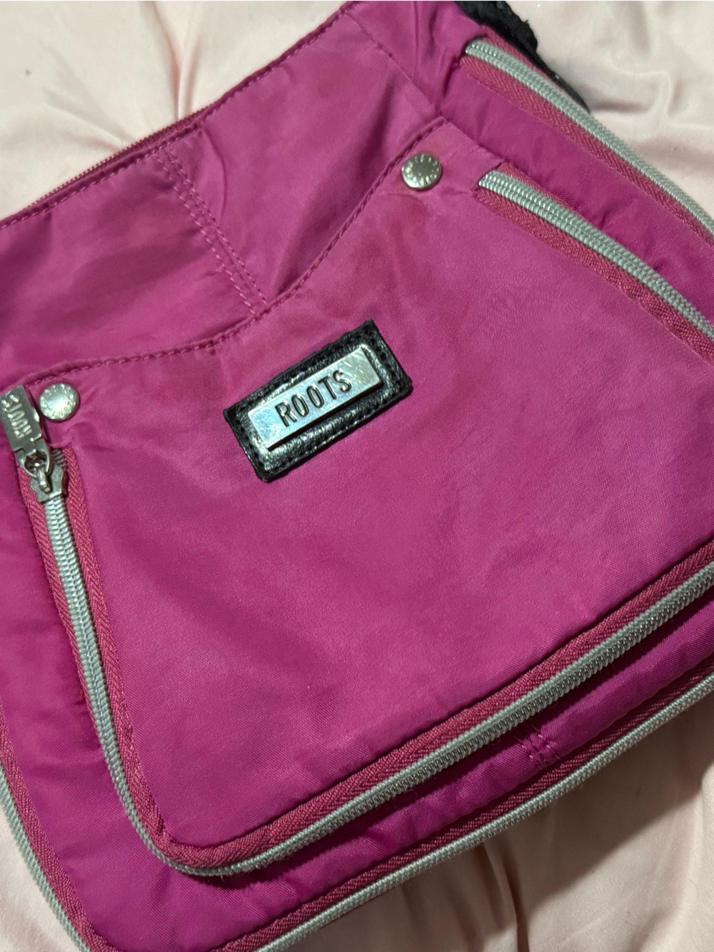 Roots Hot Pink Crossbody Bag with Silver Accents